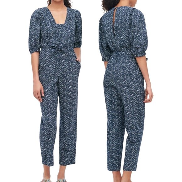 Rebecca Taylor La Vie Short Sleeve Chinon Floral Jumpsuit L Midnight Blue Crop - Picture 1 of 13